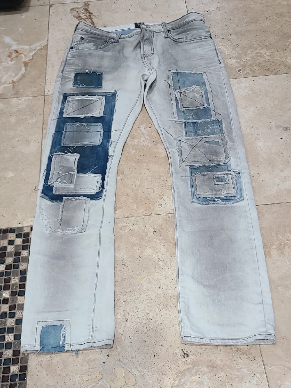 PRPS Men’s Light Wash Jeans with Blue Patchwork
